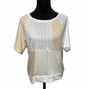 Sugarfox Patchwork Knit Short Sleeve Top Neutral Cream Beige